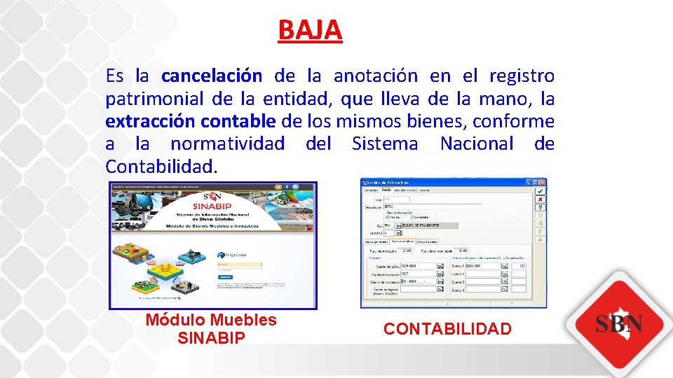 BAJA Es la cancelación de la anotación en el registro patrimonial de la entidad,