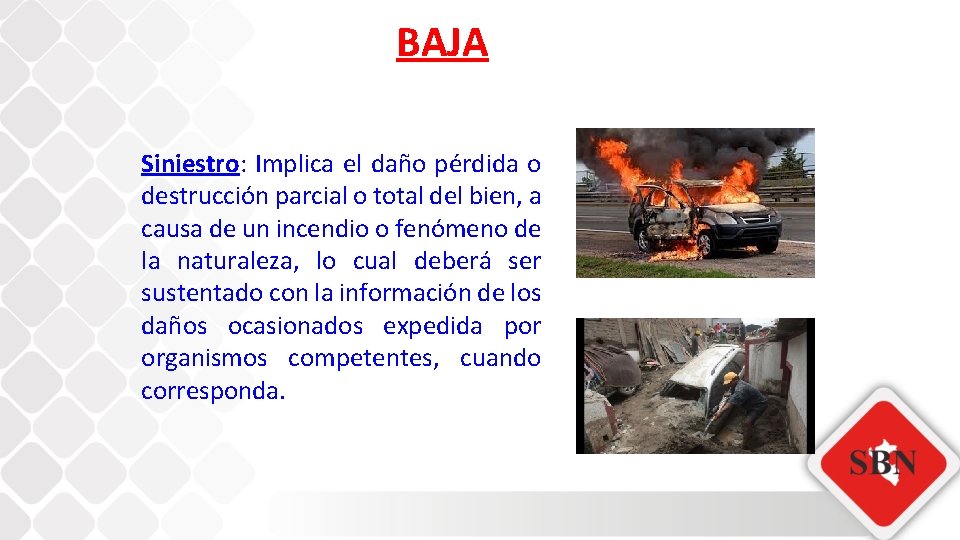 BAJA Siniestro: Implica el daño pérdida o destrucción parcial o total del bien, a