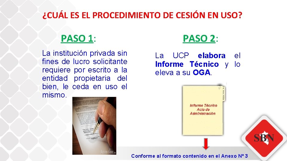 ¿CUÁL ES EL PROCEDIMIENTO DE CESIÓN EN USO? PASO 1: La institución privada sin