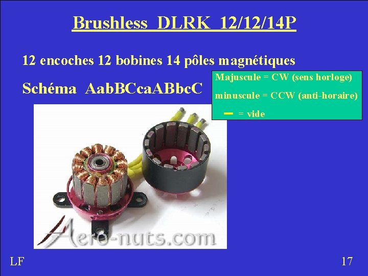 Brushless DLRK 12/12/14 P 12 encoches 12 bobines 14 pôles magnétiques Schéma Aab. BCca.