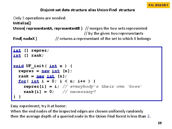 Disjoint-set data structure alias Union-Find structure PAL 2016 MST Only 3 operations are needed: Disjoint-set data structure alias Union-Find structure PAL 2016 MST Only 3 operations are needed:
