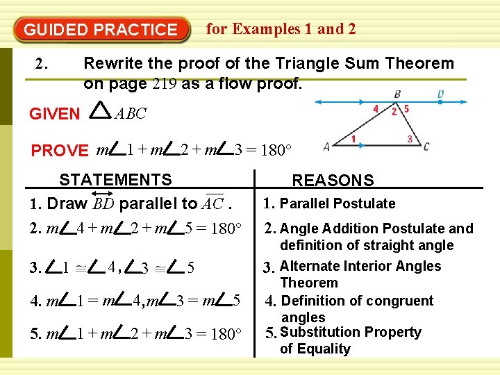 for Examples 1 and 2 GUIDED PRACTICE 2. Rewrite the proof of the Triangle
