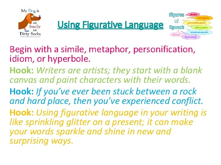 Using Figurative Language Begin with a simile, metaphor, personification, idiom, or hyperbole. Hook: Writers