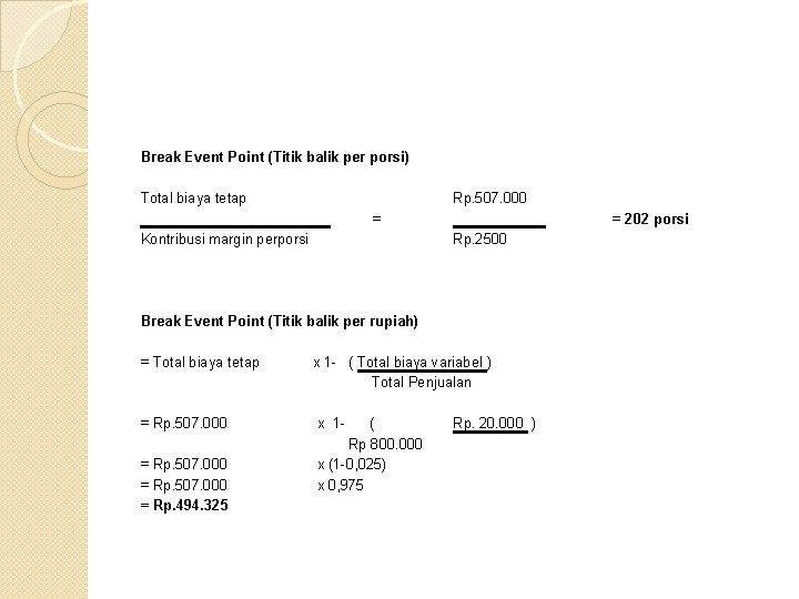 Break Event Point (Titik balik per porsi) Total biaya tetap Rp. 507. 000 =