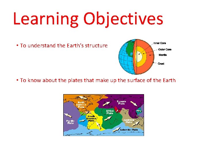 Learning Objectives • To understand the Earth’s structure • To know about the plates