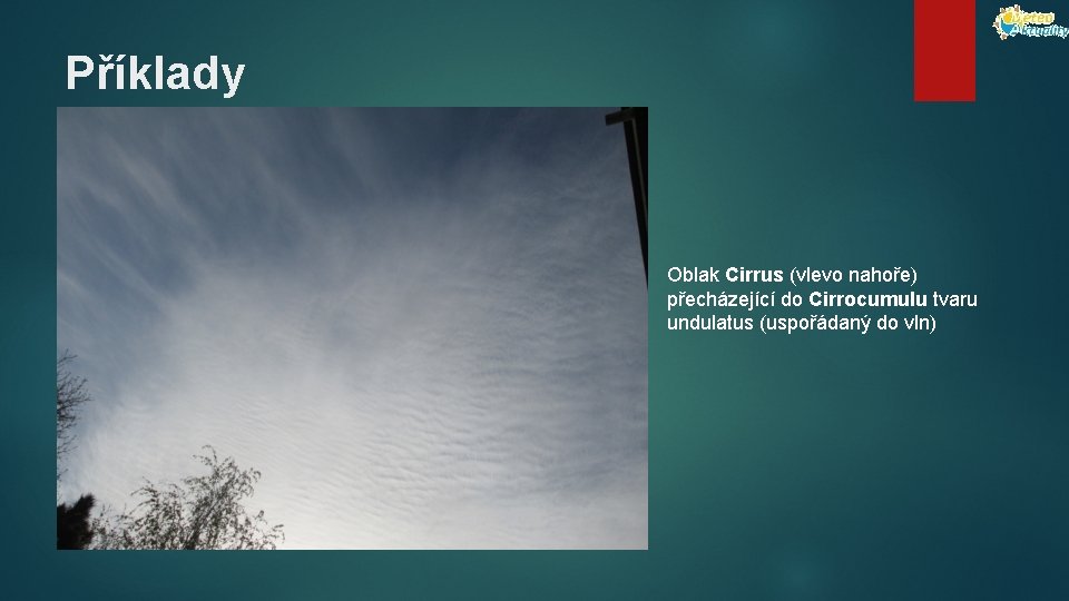 Příklady Oblak Cirrus (vlevo nahoře) přecházející do Cirrocumulu tvaru undulatus (uspořádaný do vln) 