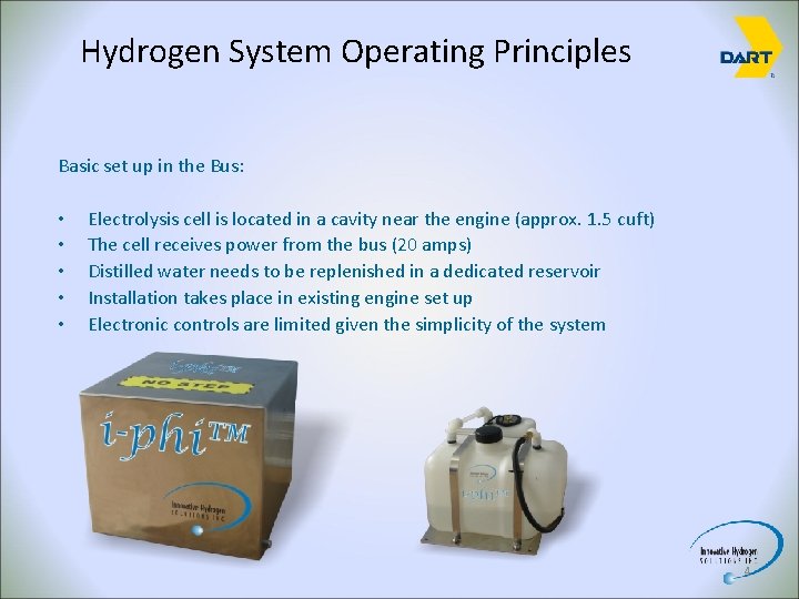 Hydrogen System Operating Principles Basic set up in the Bus: • • • Electrolysis