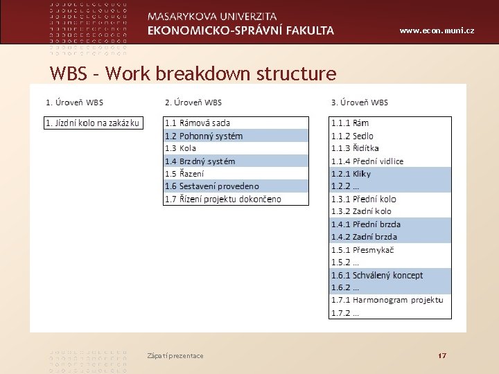 www. econ. muni. cz WBS – Work breakdown structure Zápatí prezentace 17 
