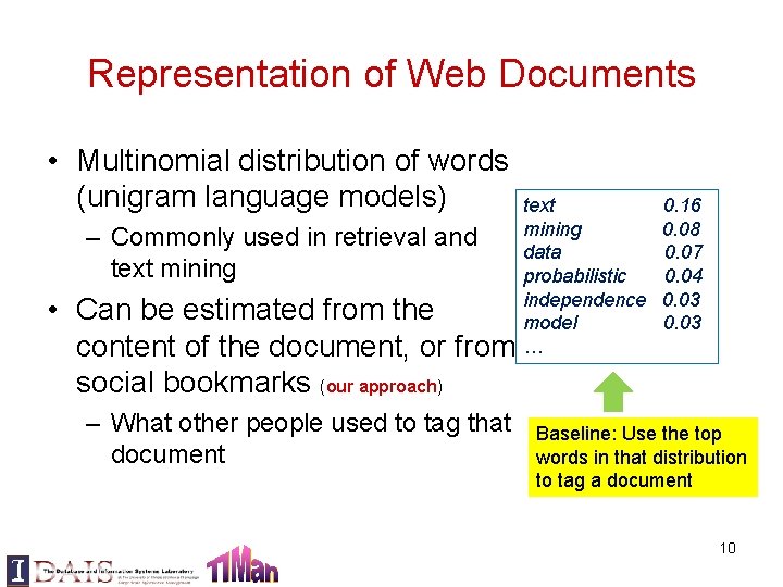 Representation of Web Documents • Multinomial distribution of words (unigram language models) – Commonly