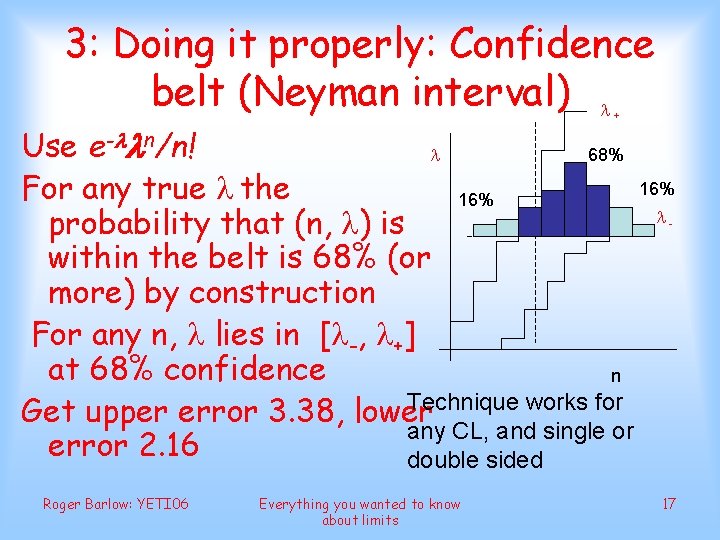 3: Doing it properly: Confidence belt (Neyman interval) + Use e- n/n! 68% 16%