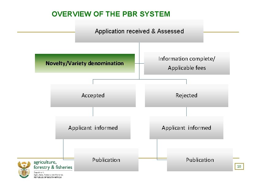 OVERVIEW OF THE PBR SYSTEM Application received & Assessed Novelty/Variety denomination Information complete/ Applicable