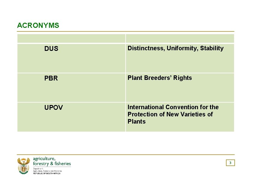 ACRONYMS DUS Distinctness, Uniformity, Stability PBR Plant Breeders’ Rights UPOV International Convention for the