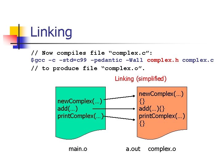 Linking // Now compiles file “complex. c”: $gcc –c –std=c 99 –pedantic –Wall complex.