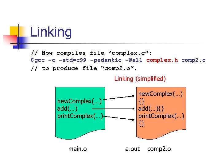 Linking // Now compiles file “complex. c”: $gcc –c –std=c 99 –pedantic –Wall complex.