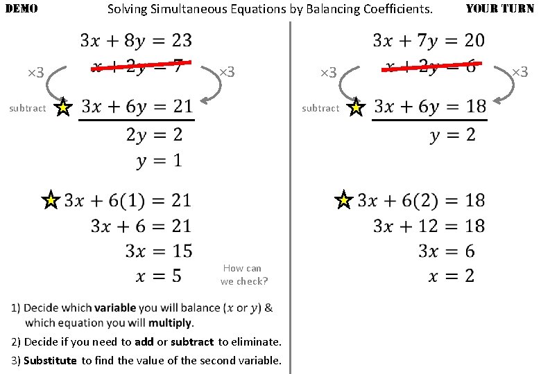 DEMO × 3 Solving Simultaneous Equations by Balancing Coefficients. × 3 subtract How can