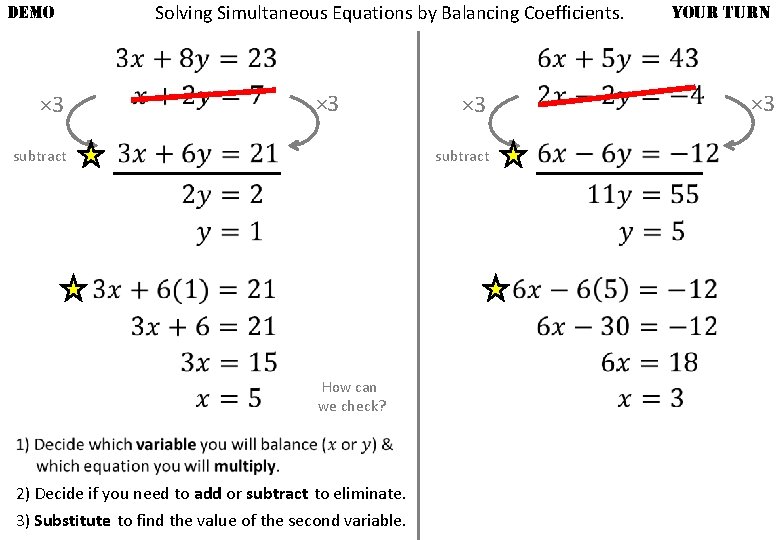 DEMO × 3 Solving Simultaneous Equations by Balancing Coefficients. × 3 subtract How can