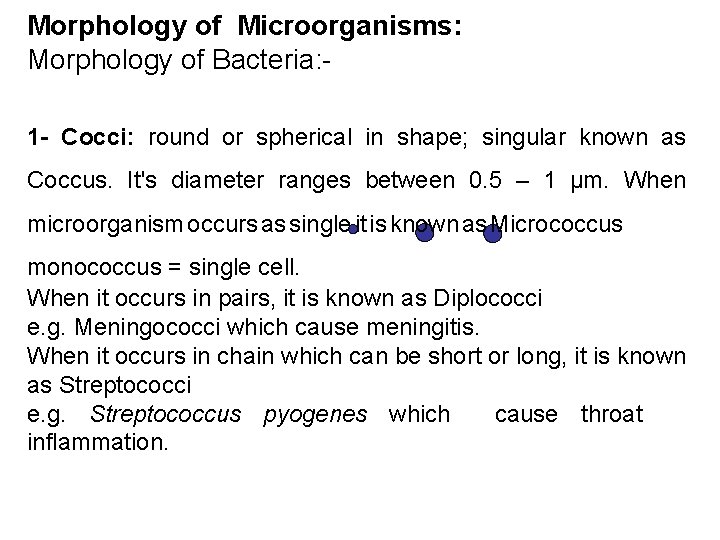 Morphology of Microorganisms: Morphology of Bacteria: 1 - Cocci: round or spherical in shape;