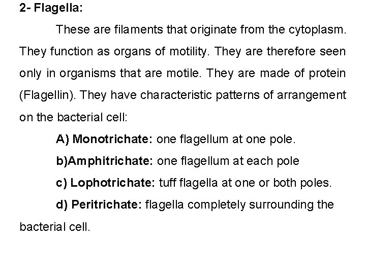 2 - Flagella: These are filaments that originate from the cytoplasm. They function as