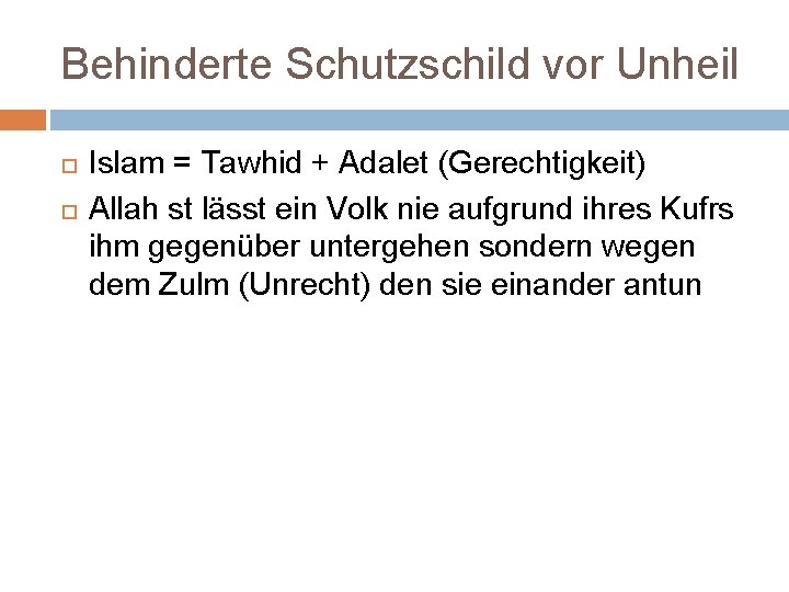 Behinderte Schutzschild vor Unheil Islam = Tawhid + Adalet (Gerechtigkeit) Allah st lässt ein