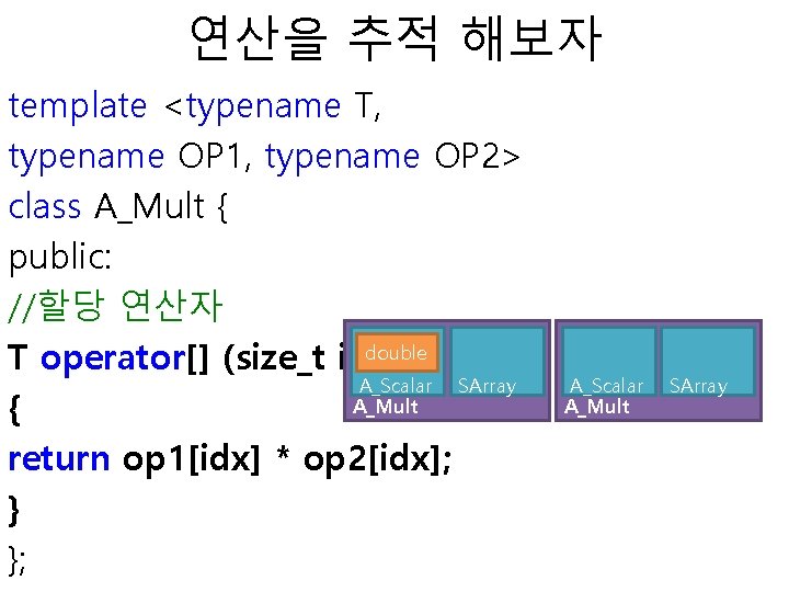 연산을 추적 해보자 template <typename T, typename OP 1, typename OP 2> class A_Mult