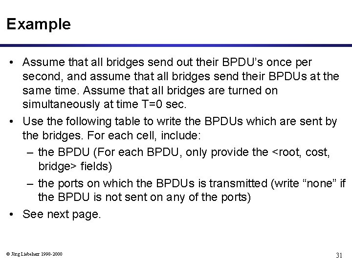 Example • Assume that all bridges send out their BPDU’s once per second, and