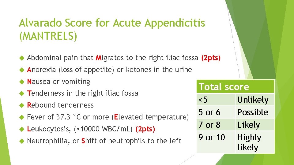 Alvarado Score for Acute Appendicitis (MANTRELS) Abdominal pain that Migrates to the right iliac