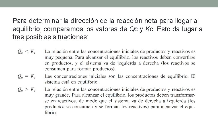 Para determinar la dirección de la reacción neta para llegar al equilibrio, comparamos los Para determinar la dirección de la reacción neta para llegar al equilibrio, comparamos los