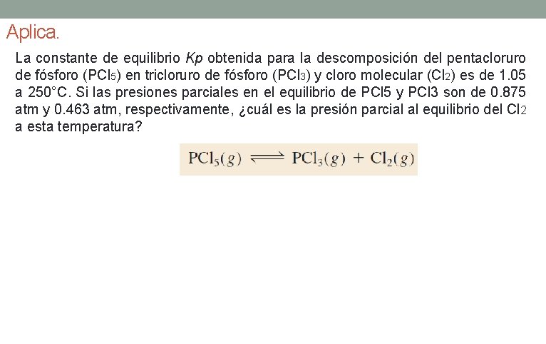 Aplica. La constante de equilibrio Kp obtenida para la descomposición del pentacloruro de fósforo Aplica. La constante de equilibrio Kp obtenida para la descomposición del pentacloruro de fósforo
