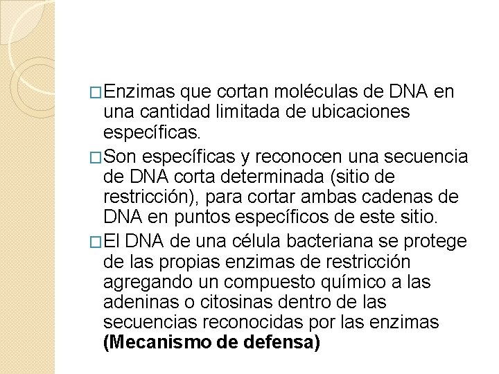 �Enzimas que cortan moléculas de DNA en una cantidad limitada de ubicaciones específicas. �Son