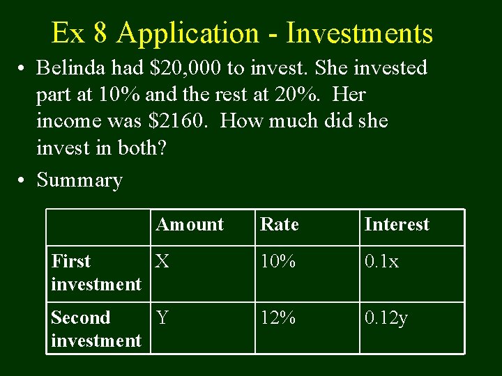 Ex 8 Application - Investments • Belinda had $20, 000 to invest. She invested
