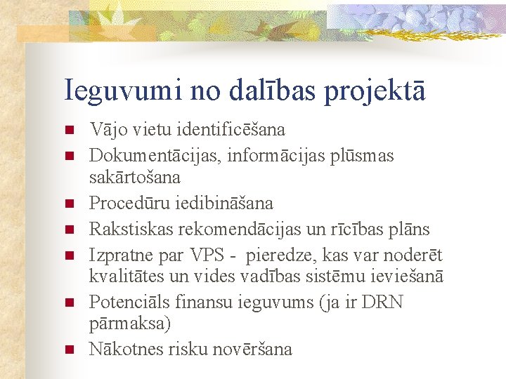 Ieguvumi no dalības projektā n n n n Vājo vietu identificēšana Dokumentācijas, informācijas plūsmas