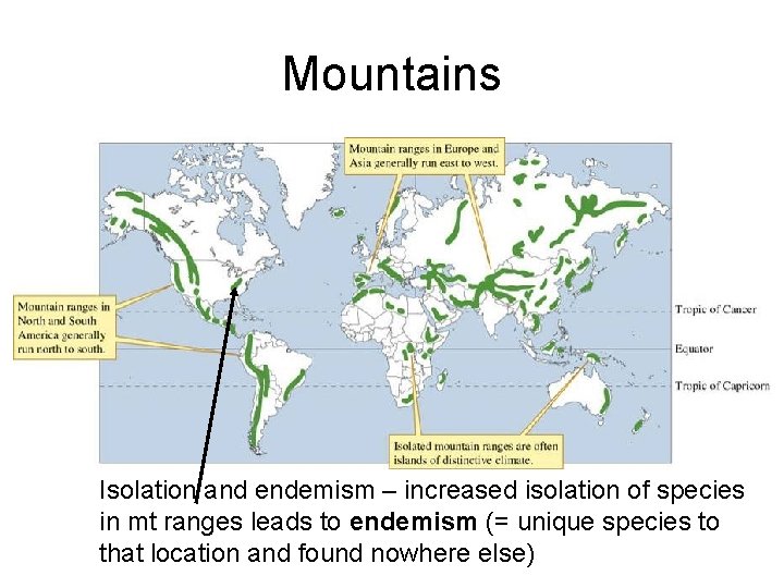Mountains Isolation and endemism – increased isolation of species in mt ranges leads to