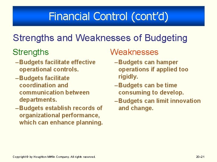 Financial Control (cont’d) Strengths and Weaknesses of Budgeting Strengths – Budgets facilitate effective operational