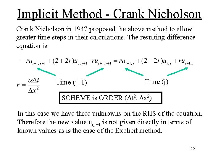 Implicit Method - Crank Nicholson in 1947 proposed the above method to allow greater Implicit Method - Crank Nicholson in 1947 proposed the above method to allow greater