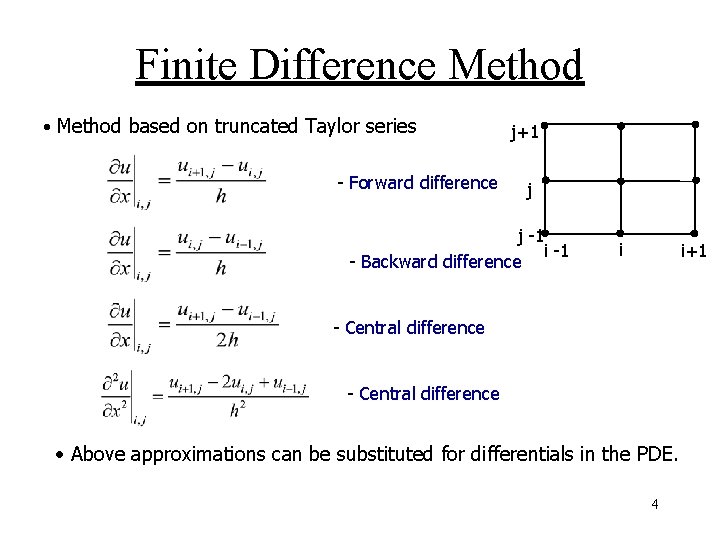 Finite Difference Method • Method based on truncated Taylor series - Forward difference j+1 Finite Difference Method • Method based on truncated Taylor series - Forward difference j+1