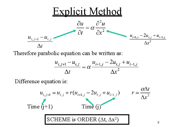 Explicit Method Therefore parabolic equation can be written as: Difference equation is: Time (j+1) Explicit Method Therefore parabolic equation can be written as: Difference equation is: Time (j+1)