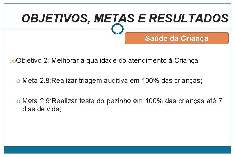 OBJETIVOS, METAS E RESULTADOS Saúde da Criança Objetivo 2: Melhorar a qualidade do atendimento