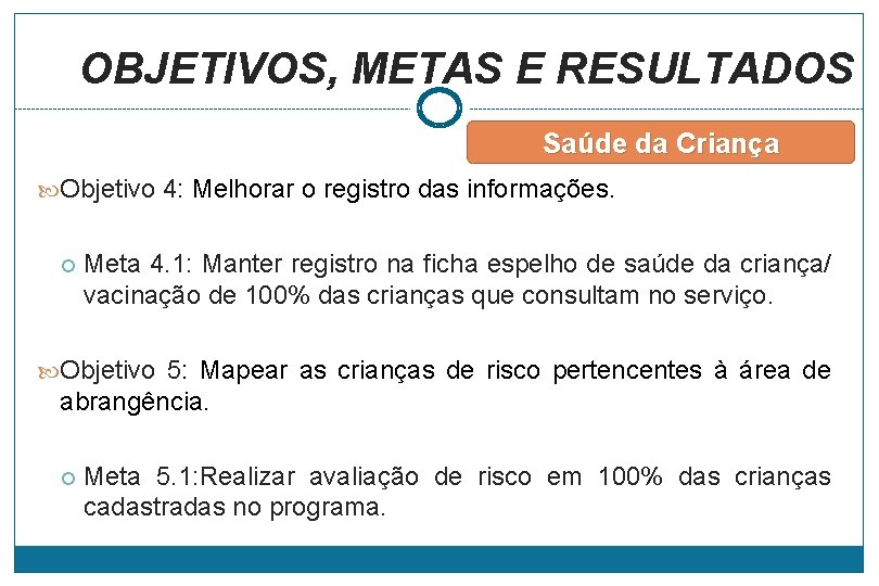 OBJETIVOS, METAS E RESULTADOS Saúde da Criança Objetivo 4: Melhorar o registro das informações.