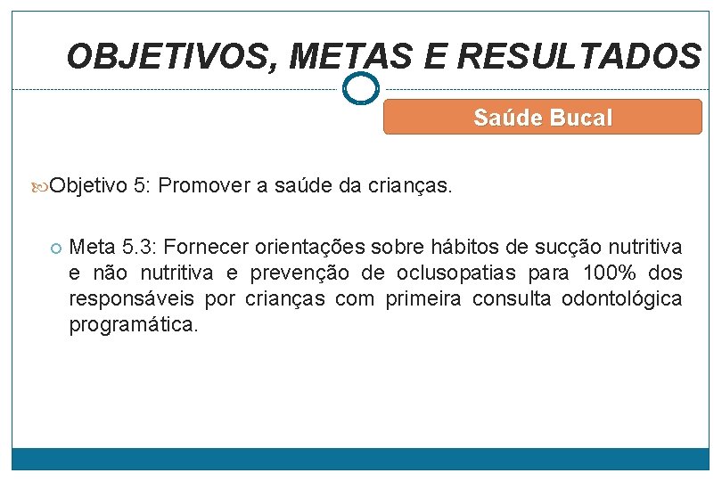 OBJETIVOS, METAS E RESULTADOS Saúde Bucal Objetivo 5: Promover a saúde da crianças. (OMS,