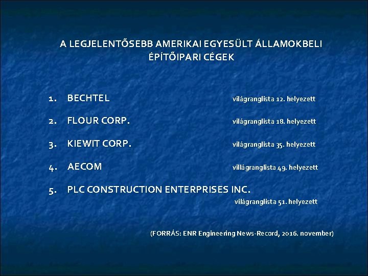 A LEGJELENTŐSEBB AMERIKAI EGYESÜLT ÁLLAMOKBELI ÉPÍTŐIPARI CÉGEK 1. BECHTEL világranglista 12. helyezett 2. FLOUR