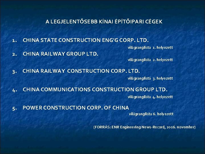 A LEGJELENTŐSEBB KÍNAI ÉPÍTŐIPARI CÉGEK 1. CHINA STATE CONSTRUCTION ENG’G CORP. LTD. világranglista 1.