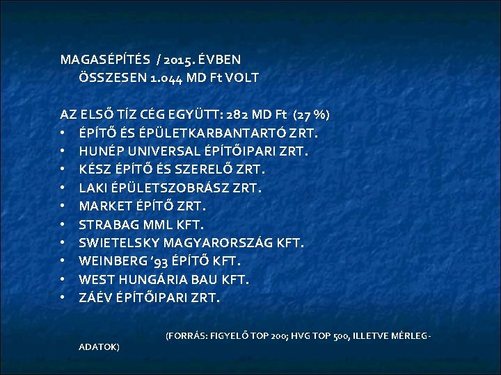 MAGASÉPĺTÉS / 2015. ÉVBEN ÖSSZESEN 1. 044 MD Ft VOLT AZ ELSŐ TÍZ CÉG