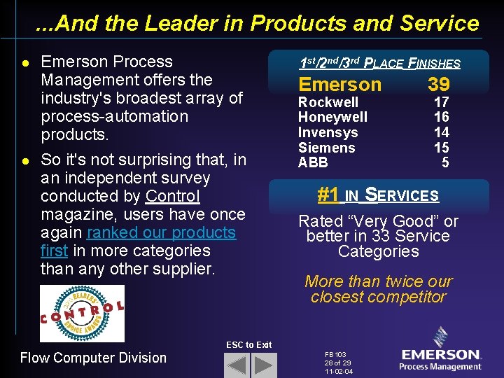 . . . And the Leader in Products and Service l l Emerson Process