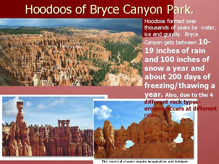 Hoodoos of Bryce Canyon Park. Hoodoos formed over thousands of years by water, ice