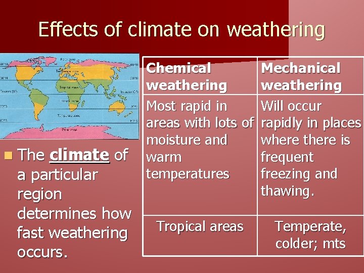 Effects of climate on weathering n The climate of a particular region determines how