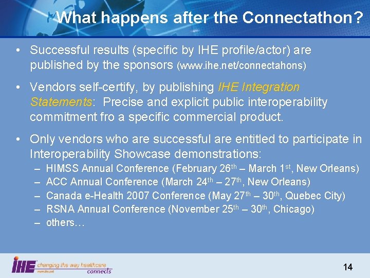 What happens after the Connectathon? • Successful results (specific by IHE profile/actor) are published