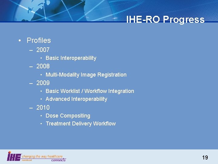 IHE-RO Progress • Profiles – 2007 • Basic Interoperability – 2008 • Multi-Modality Image
