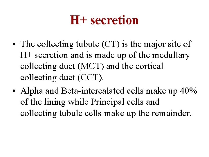 H+ secretion • The collecting tubule (CT) is the major site of H+ secretion