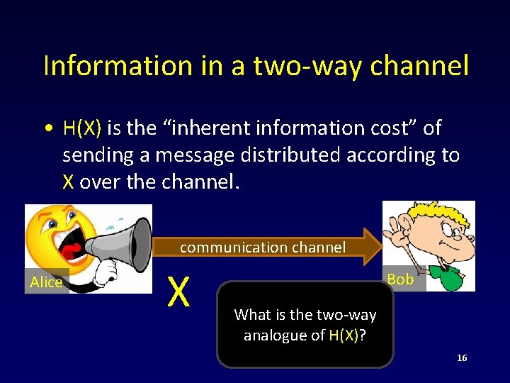 Information in a two-way channel • H(X) is the “inherent information cost” of sending