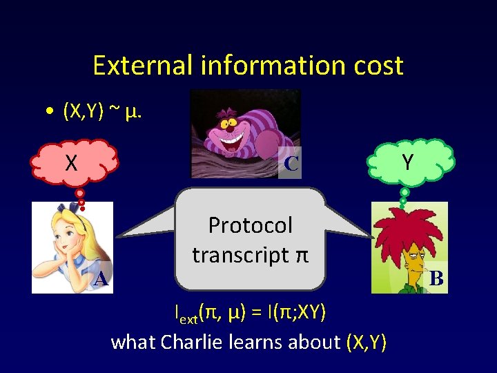 External information cost • (X, Y) ~ μ. X C A Protocol π transcript